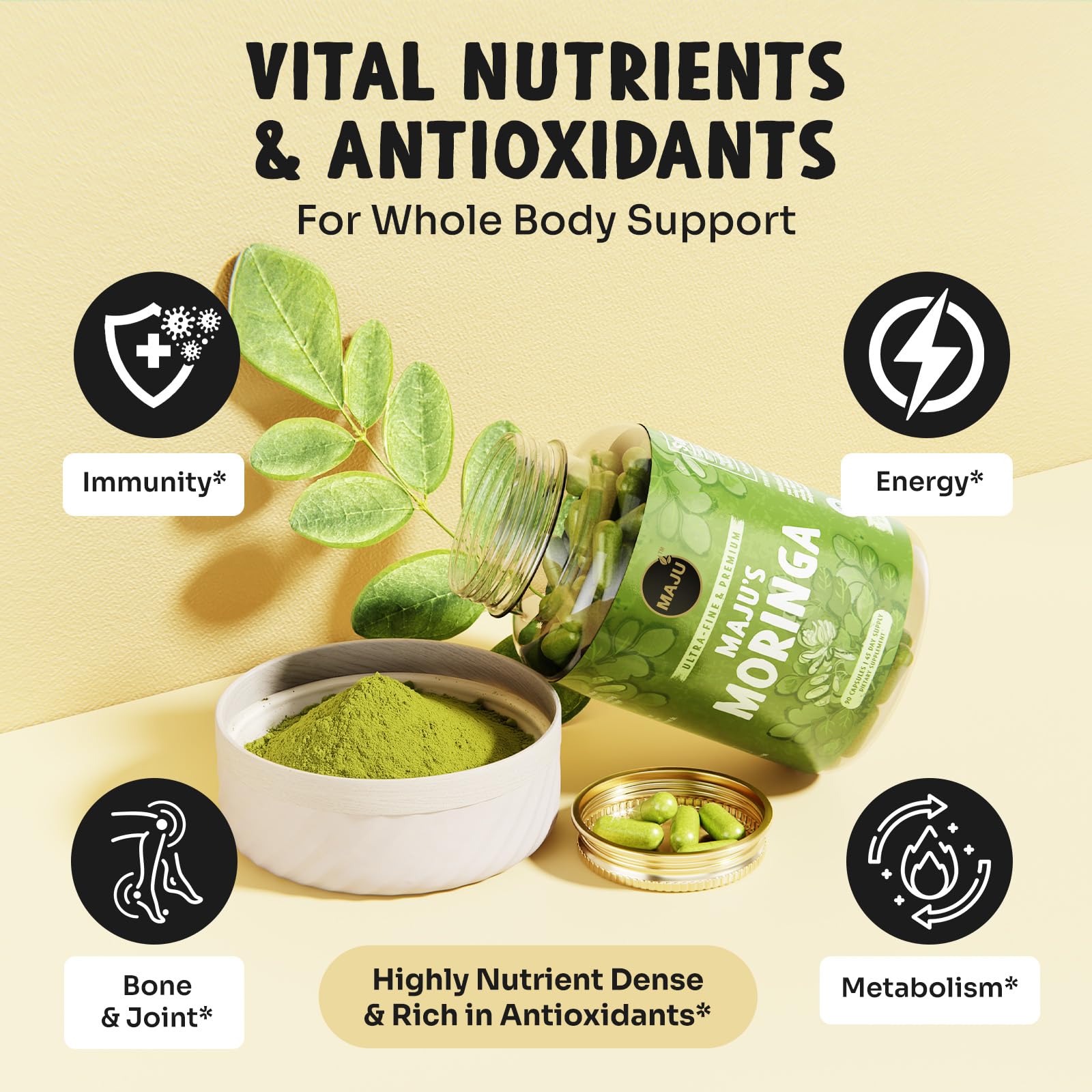 Maju Superfoods primer plano de hojas de moringa secas y calidad
