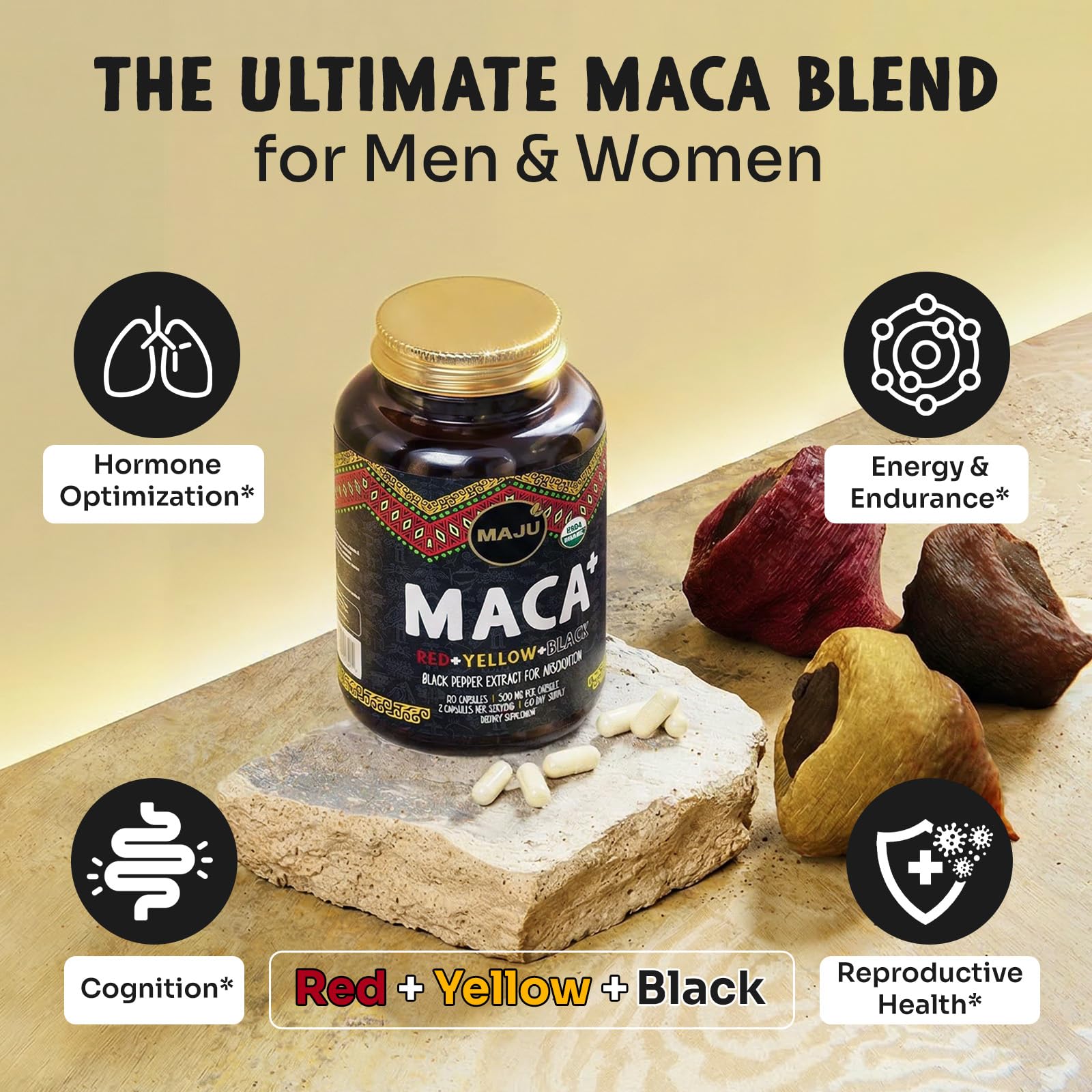 Maju Superfoods raíces de maca secas representando origen andino y autenticidad
