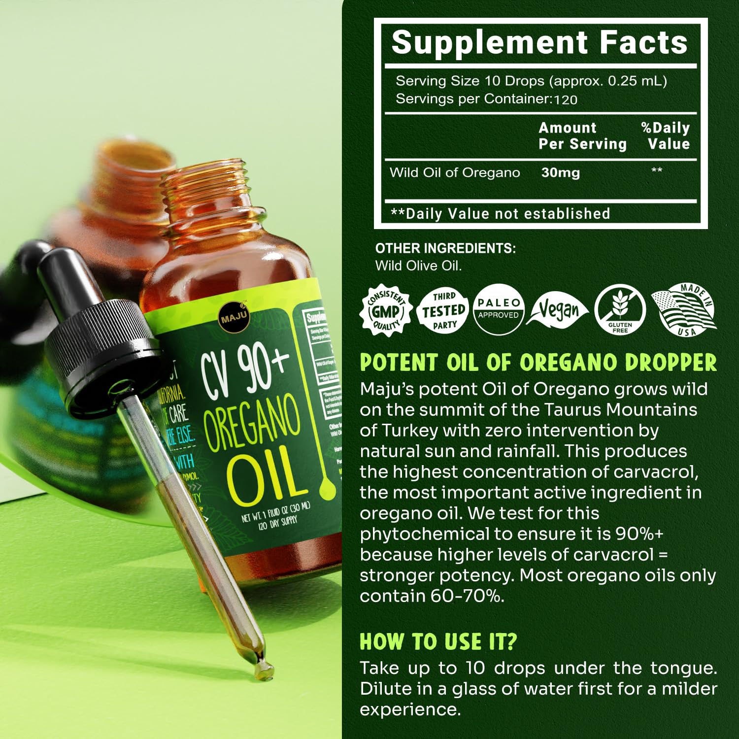 Comparación de tamaño del frasco Maju Superfoods 30 ml para escala y portabilidad