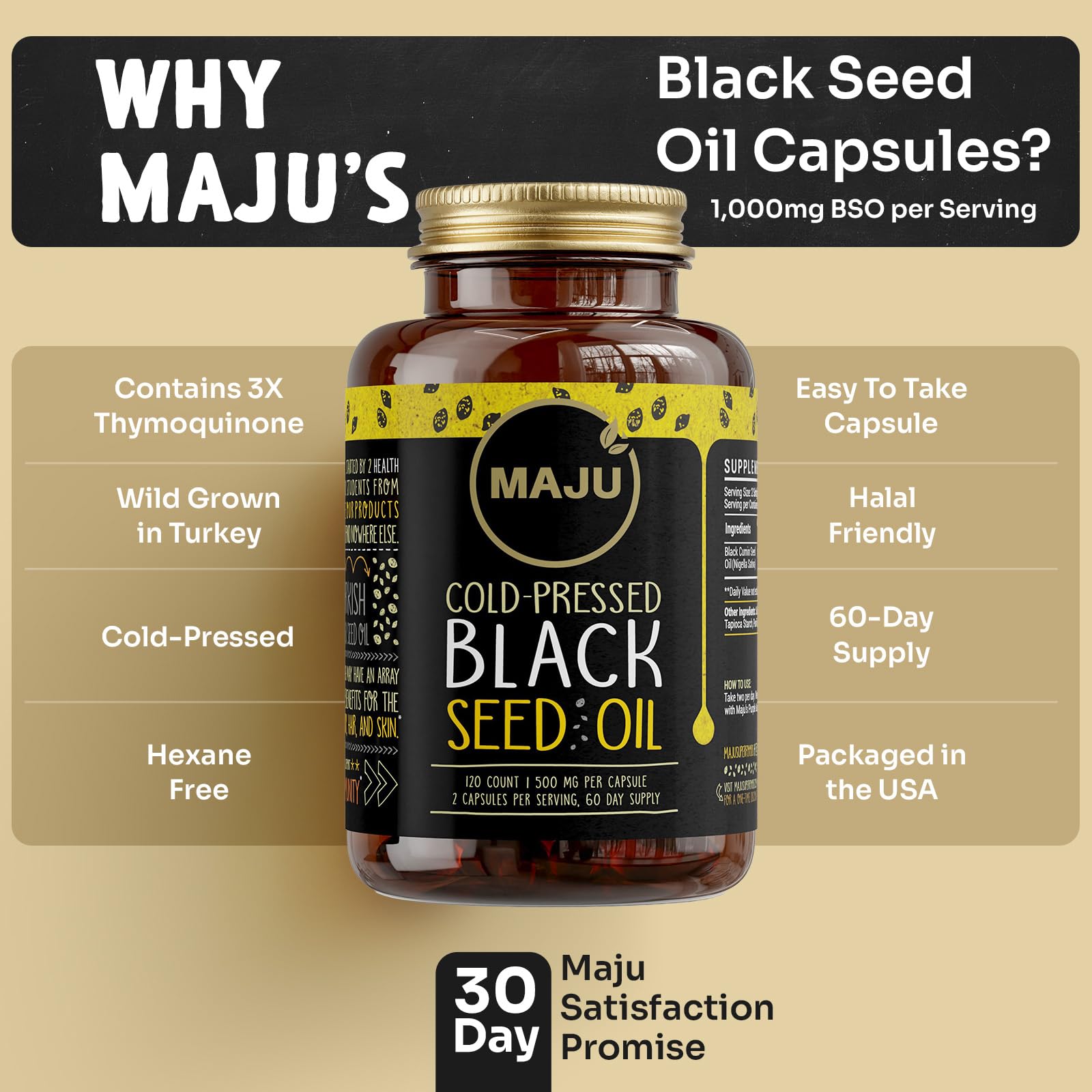 Maju Superfoods frasco junto a una moneda para ver escala y cantidad de cápsulas