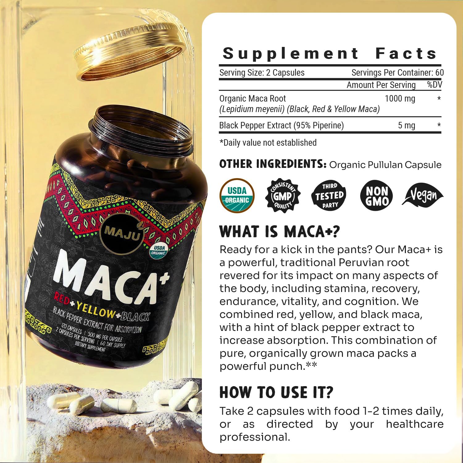 Maju Superfoods cápsulas junto a equipo deportivo representando energía diaria
