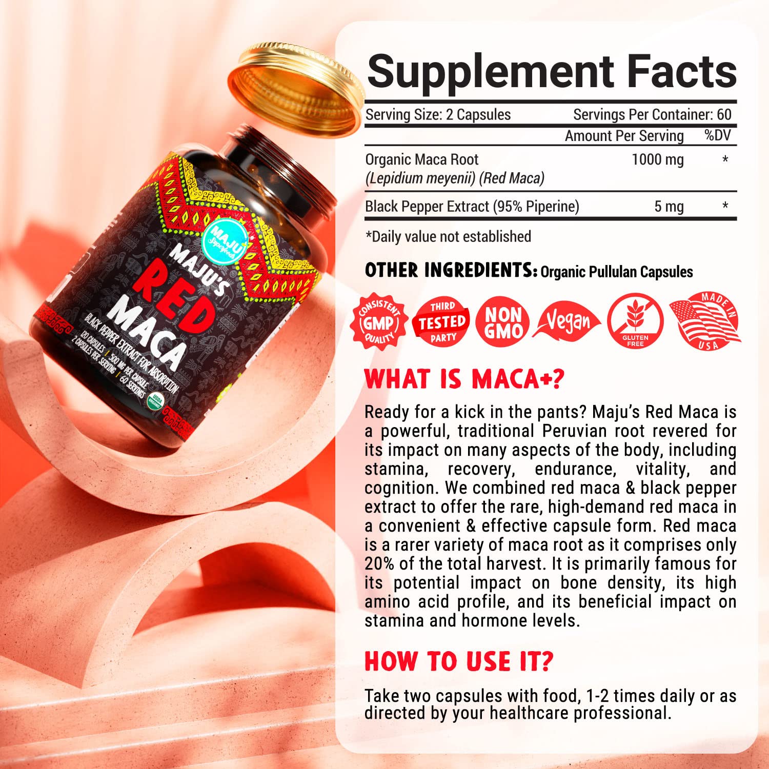 Maju Superfoods cápsulas en mano junto a libro de notas de rutina diaria