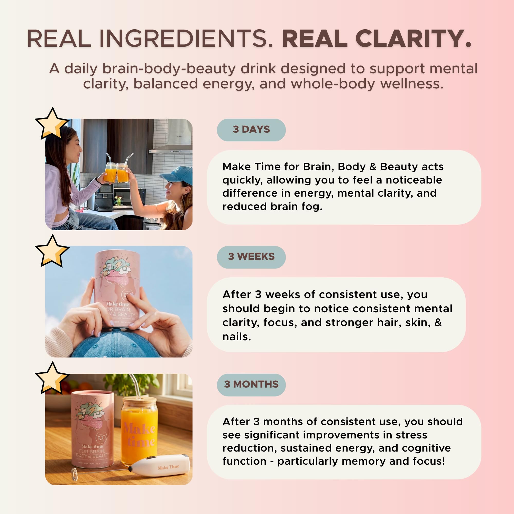 MAKE TIME etiqueta con lista de ingredientes clave y detalles limpios