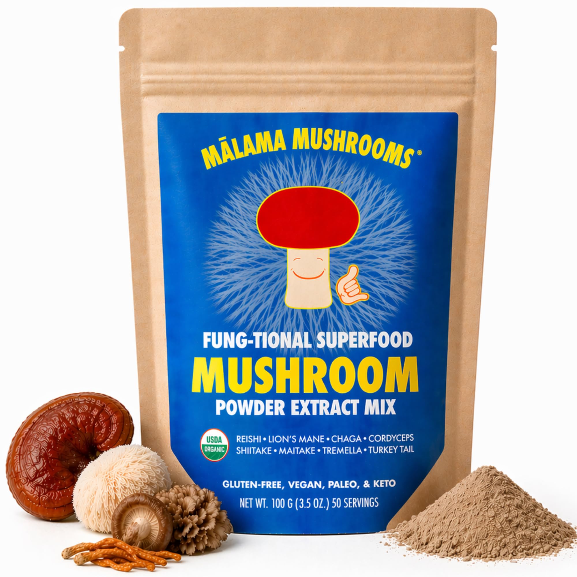 MALAMA MUSHROOMS frente del envase mostrando diseño y tamaño