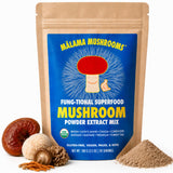 MALAMA MUSHROOMS frente del envase mostrando diseño y tamaño