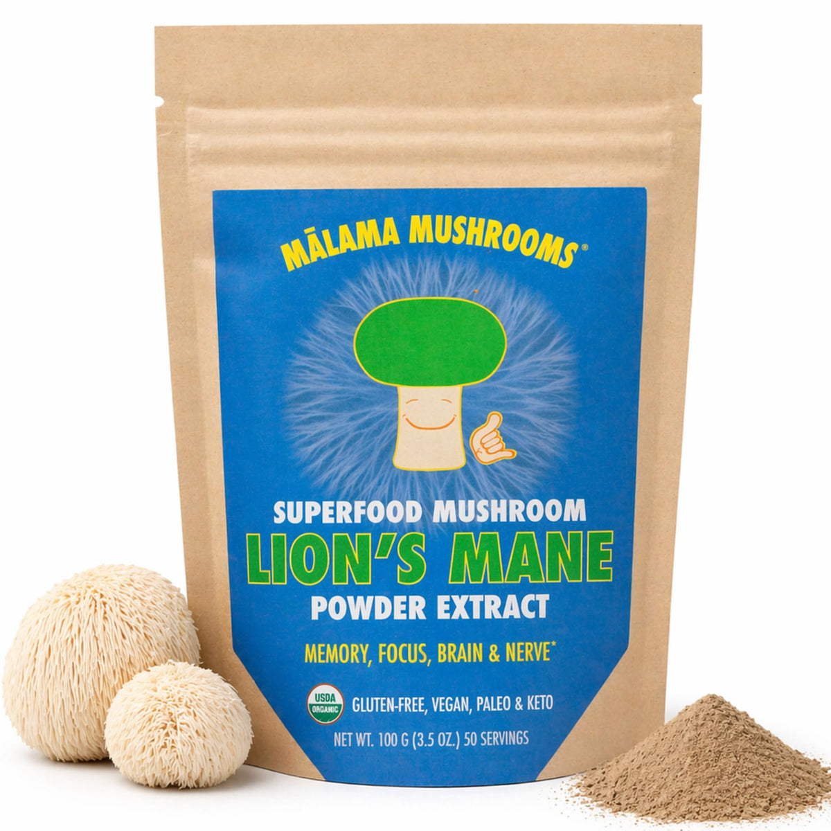 MALAMA MUSHROOMS frente del empaque mostrando sello orgánico y beneficio cognitivo