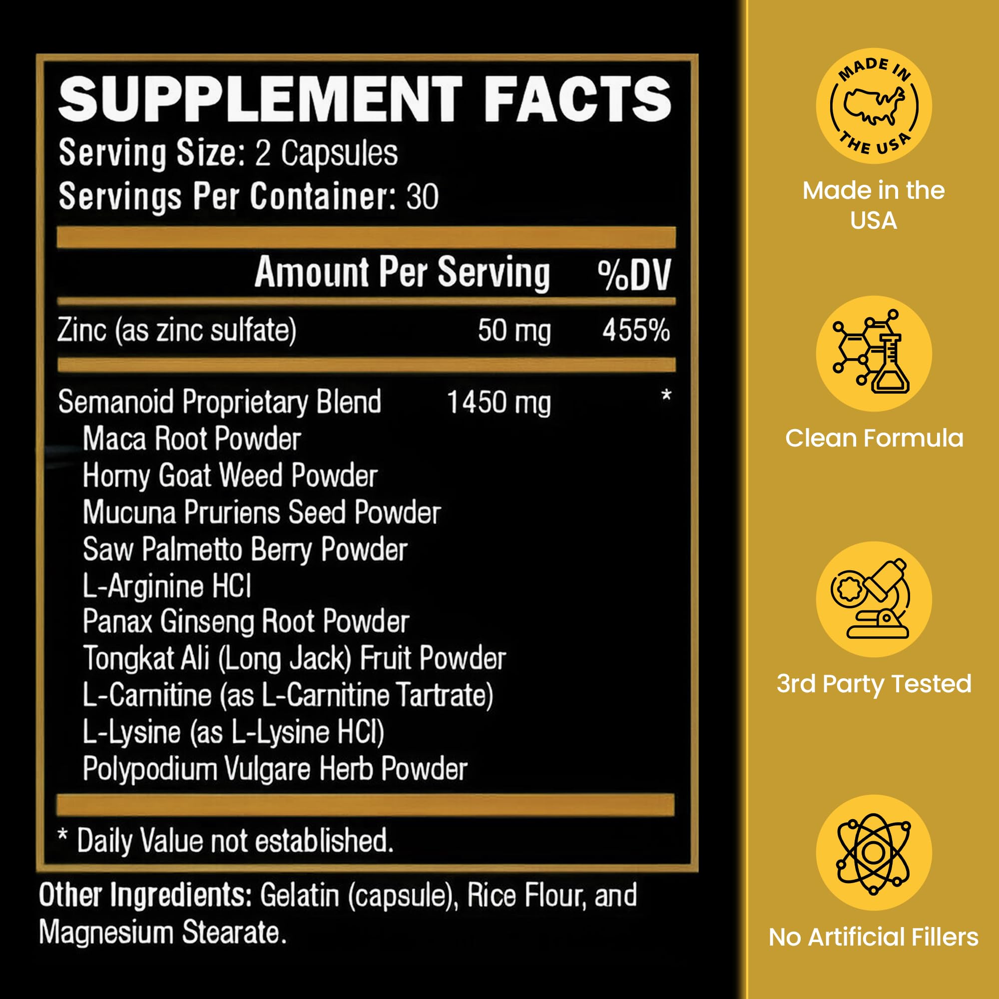 Male FX Labs SEMANOID etiqueta con información de ingredientes clave