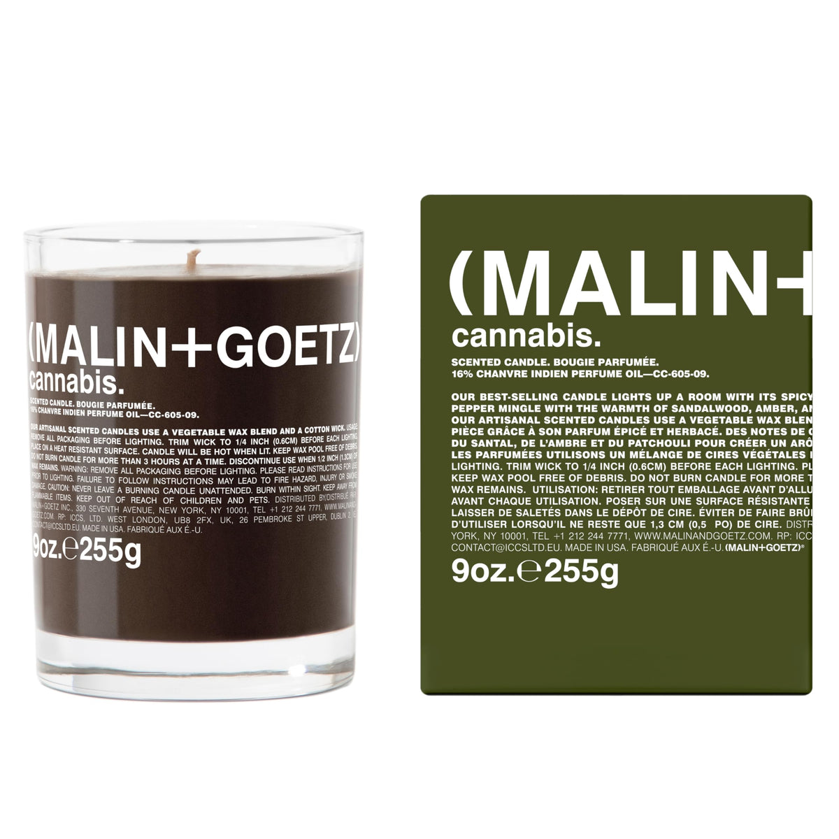 MALIN+GOETZ vela Cannabis frente minimalista, aspecto elegante y limpio