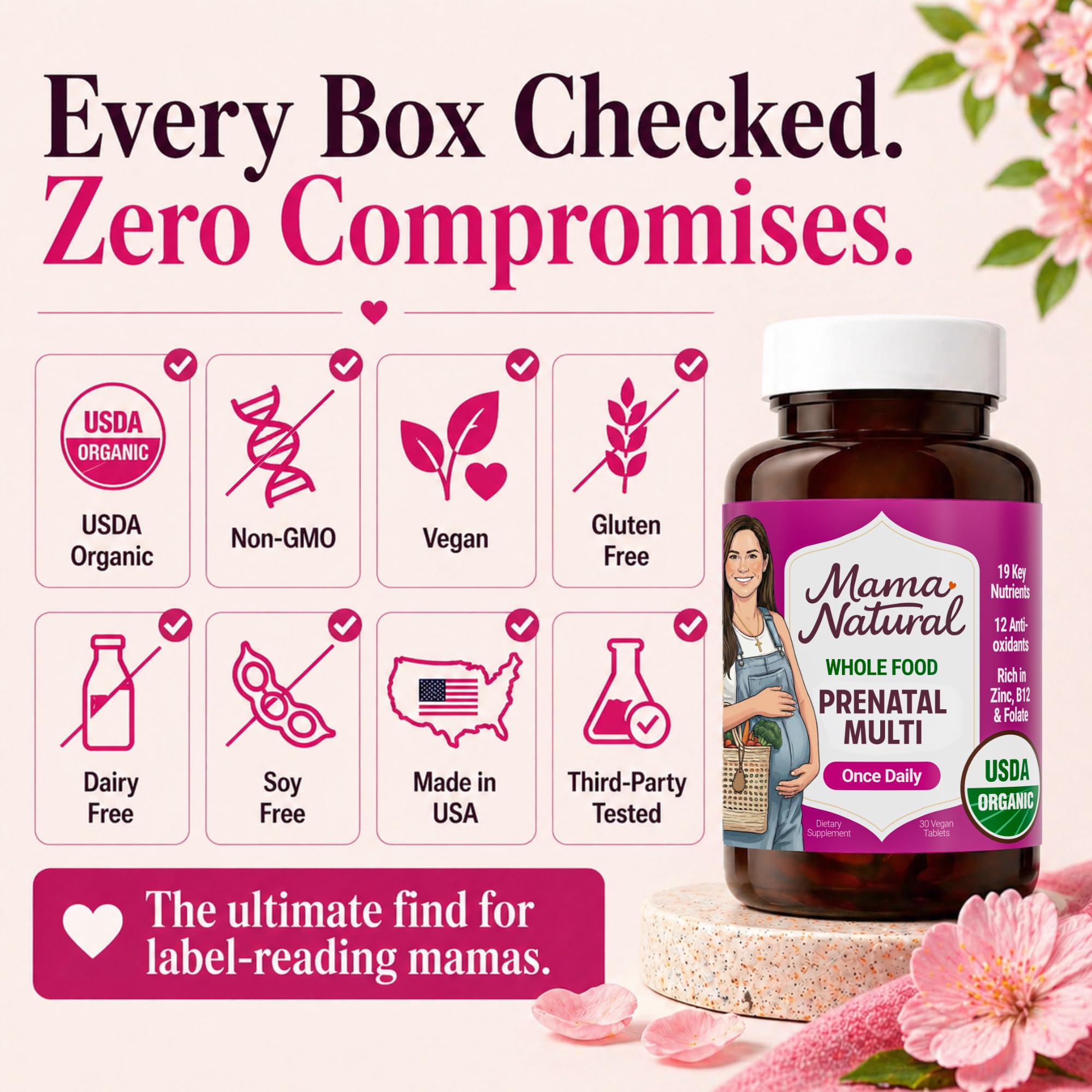 Mama Natural caja abierta que revela botellas y dosis del producto