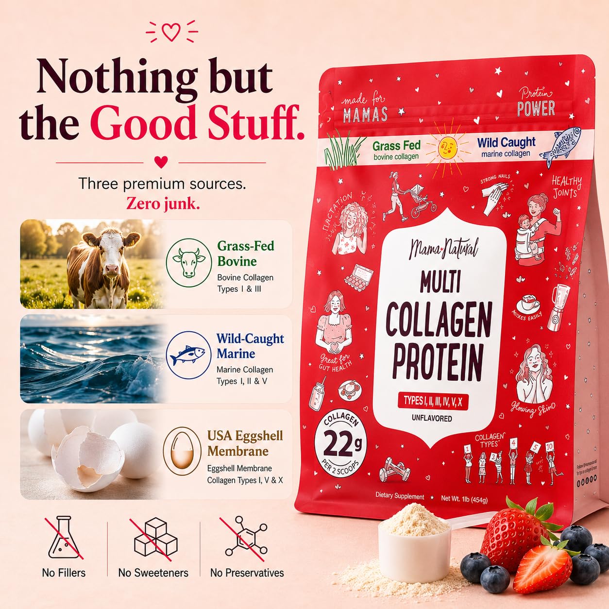 Mama Natural detalle de etiqueta con certificaciones y tipos de colágeno visibles