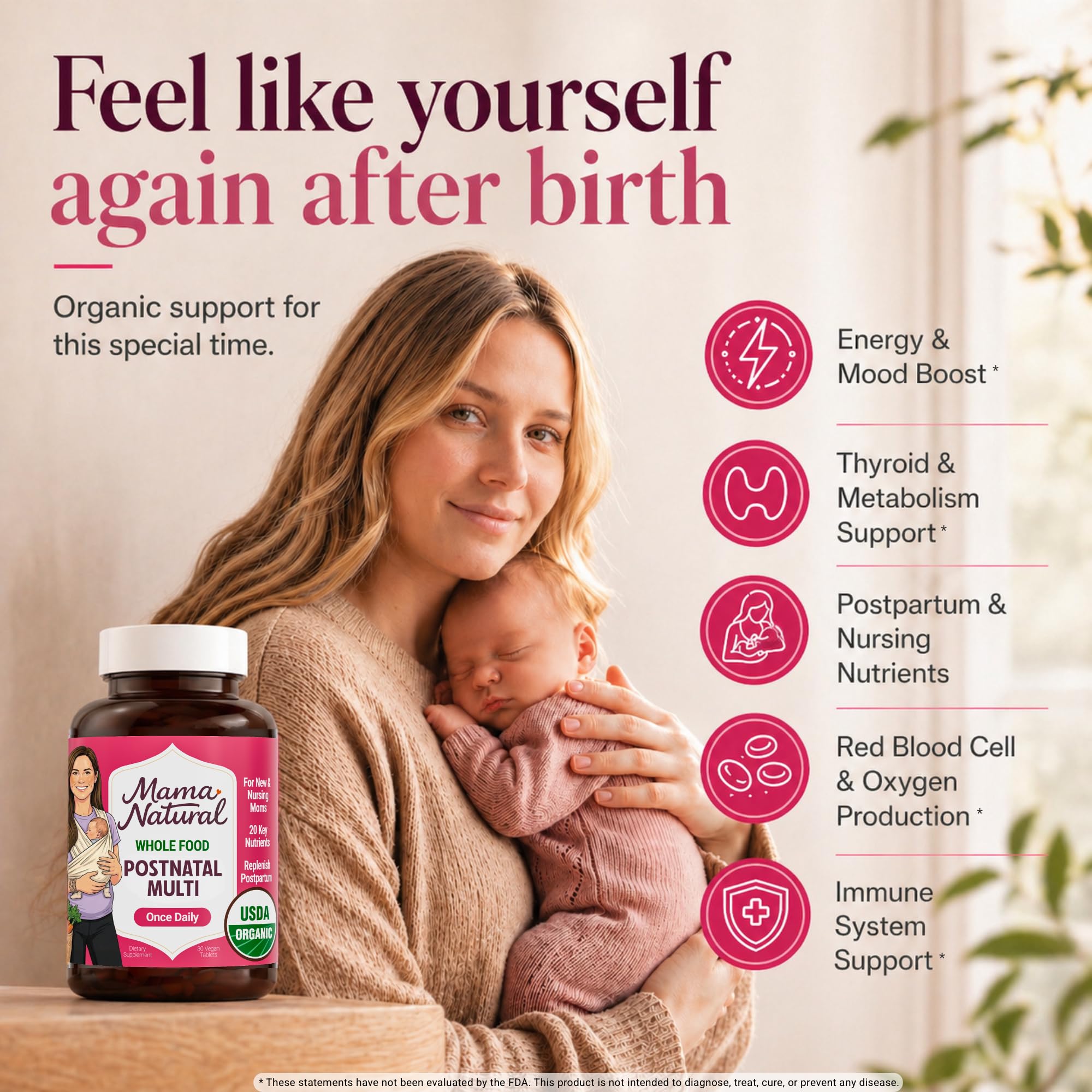 Mama Natural etiqueta con ingredientes certificados visible y claro beneficio