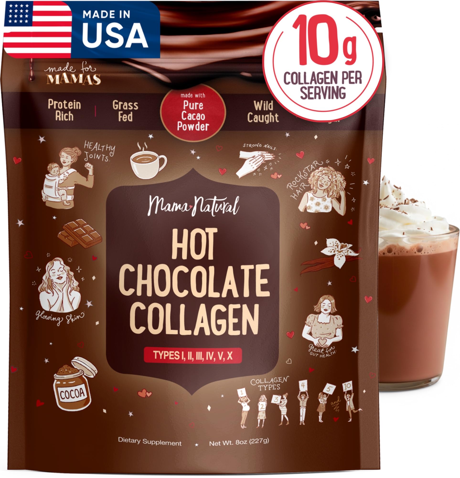 Mama Natural frente del envase mostrando 16 porciones y cacao orgánico