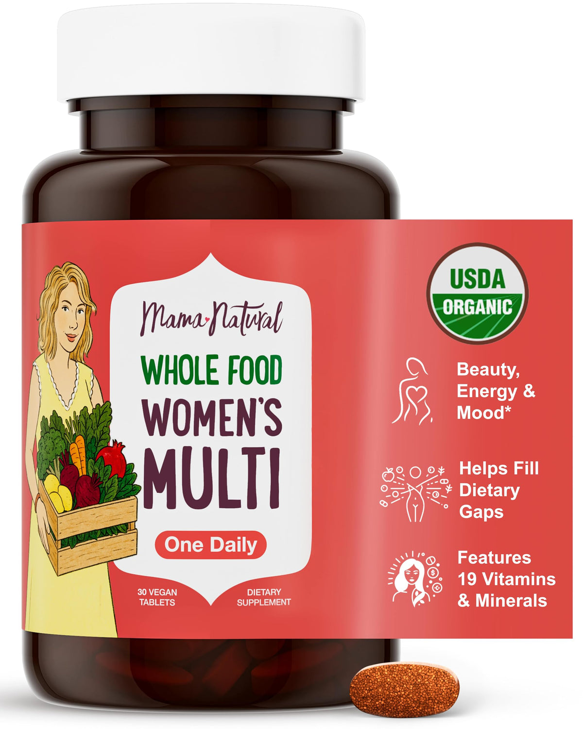 Mama Natural frente del envase mostrando certificación orgánica y lista de beneficios