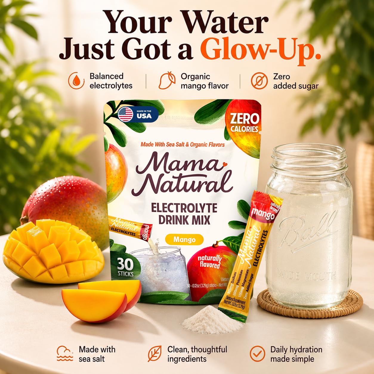 Mama Natural sobre abierto con polvo en primer plano, mezcla fácil de disolver
