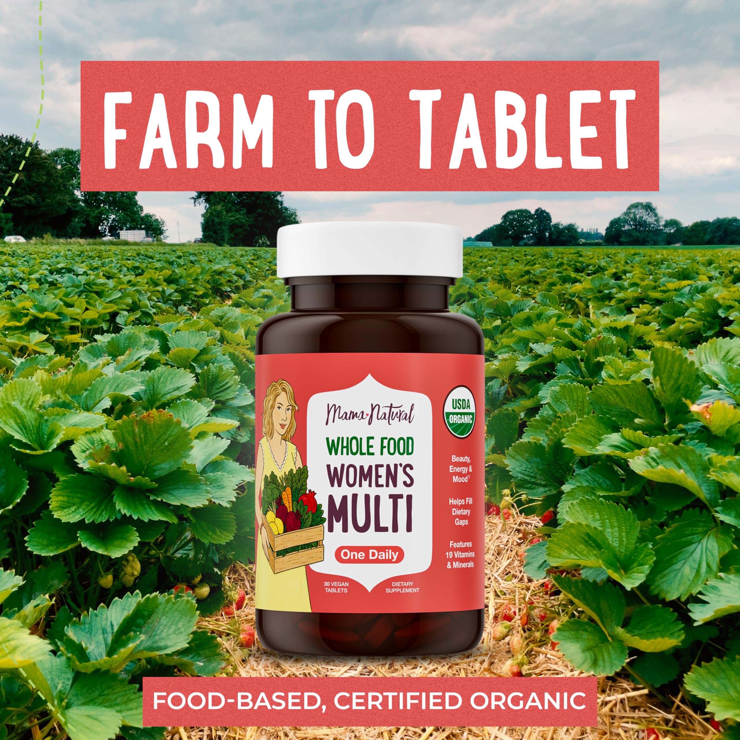 Mama Natural tableta vegana en primer plano que resalta formato de una al día