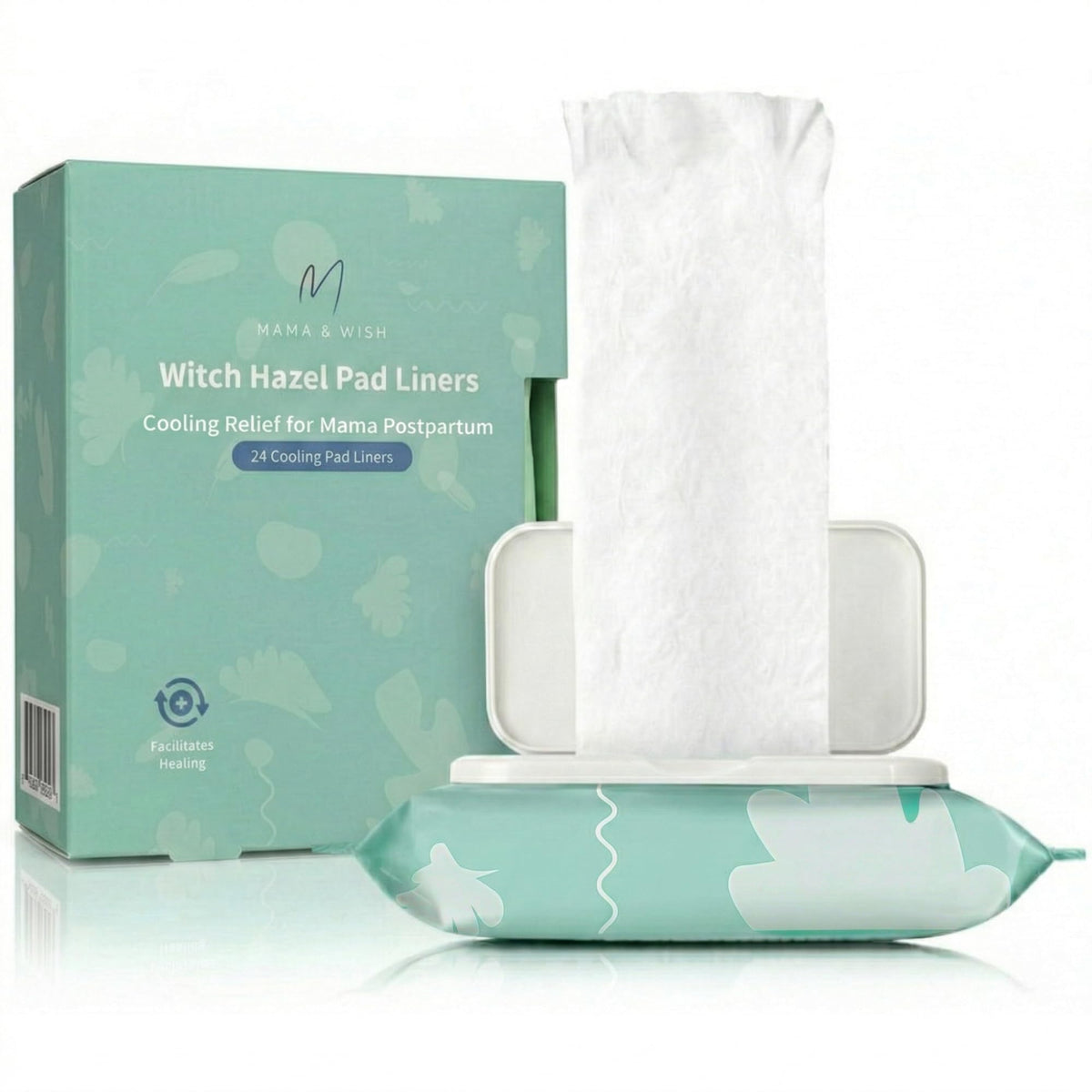 Mama & Wish paquete frontal mostrando 24 toallitas y comodidad postparto