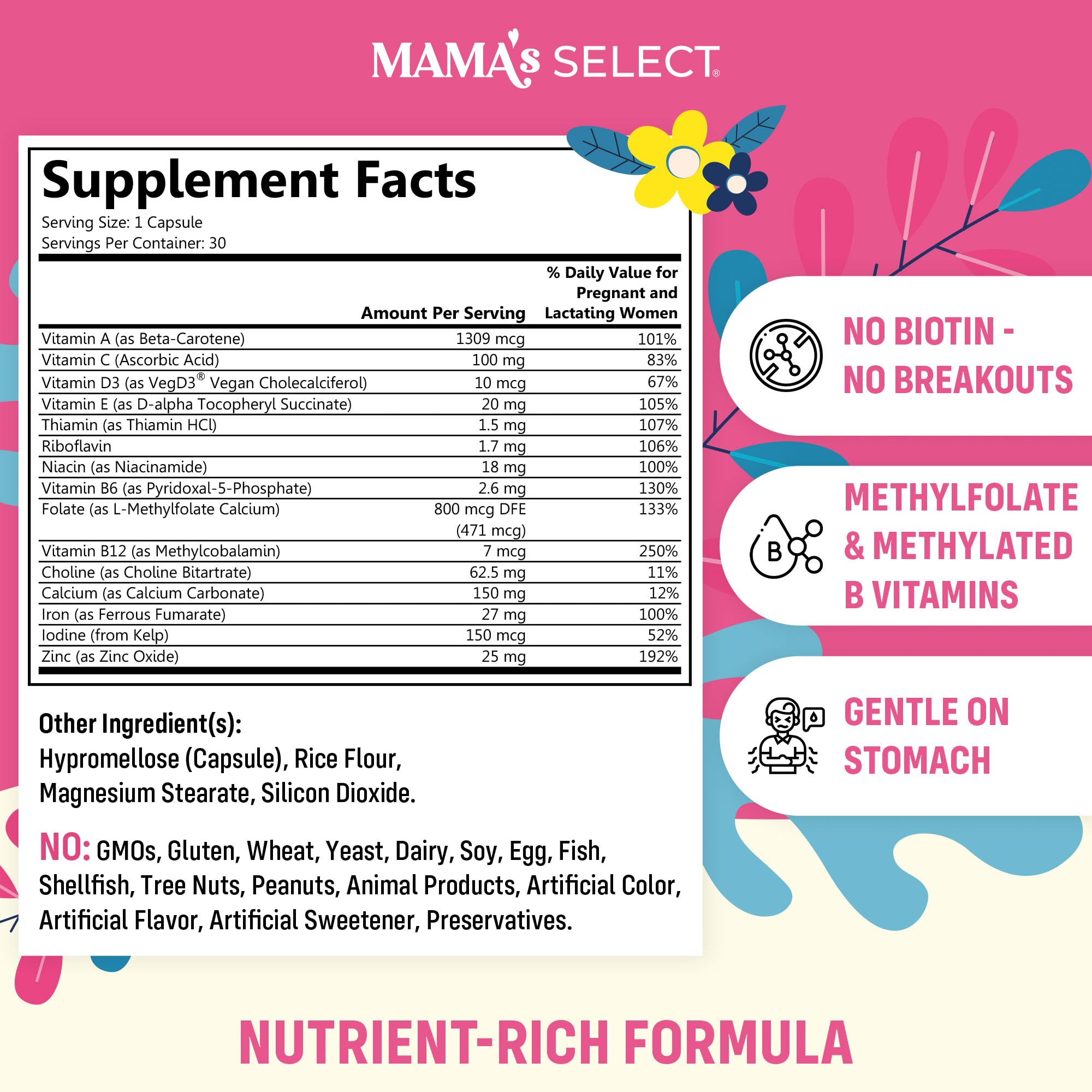 Mama's Select cápsula en primer plano, fácil de tragar y vegana