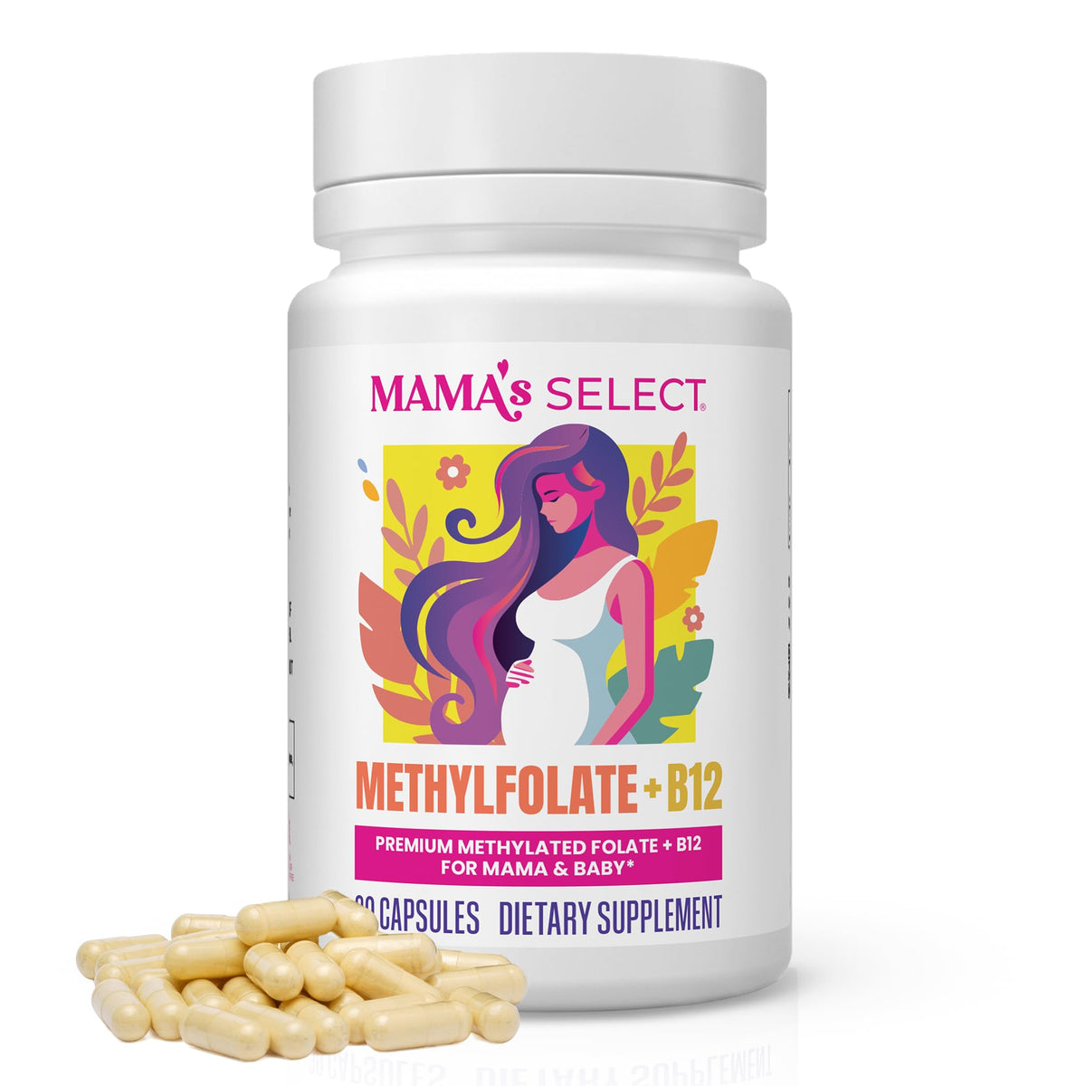 Mama's Select envase frontal mostrando la fórmula prenatal y beneficios