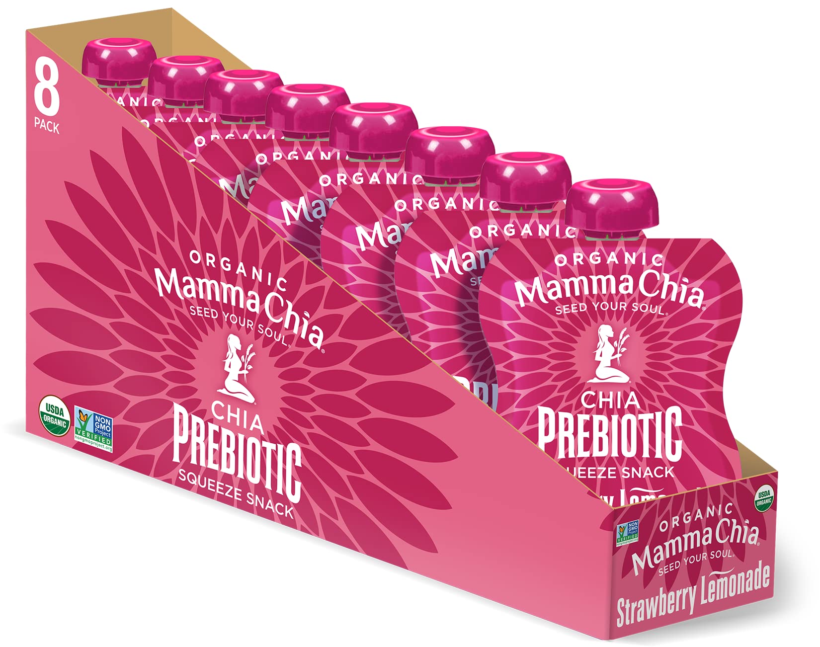 Mamma Chia frente del empaque mostrando sabor fresa-limonada y conveniencia
