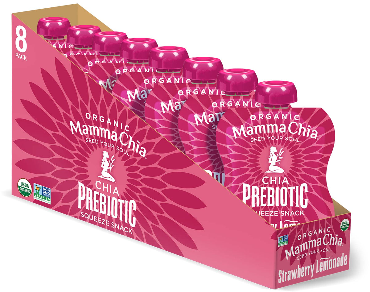 Mamma Chia frente del empaque mostrando sabor fresa-limonada y conveniencia