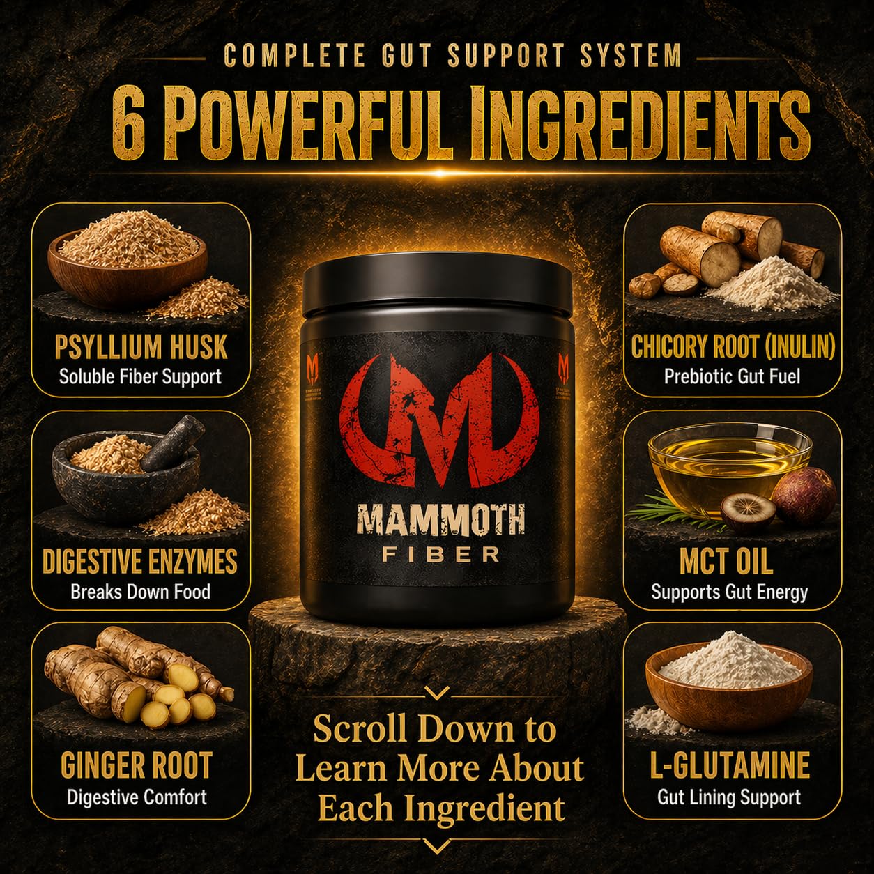 Mammoth Fiber etiqueta nutricional legible, información transparente de ingredientes