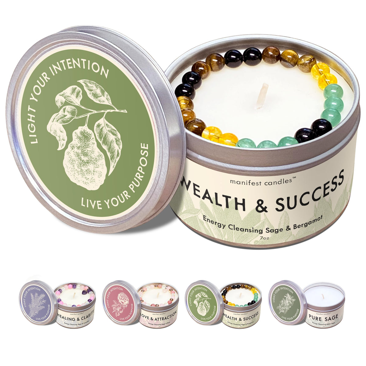 MANIFEST CANDLES vista frontal del frasco, estética elegante y serenidad