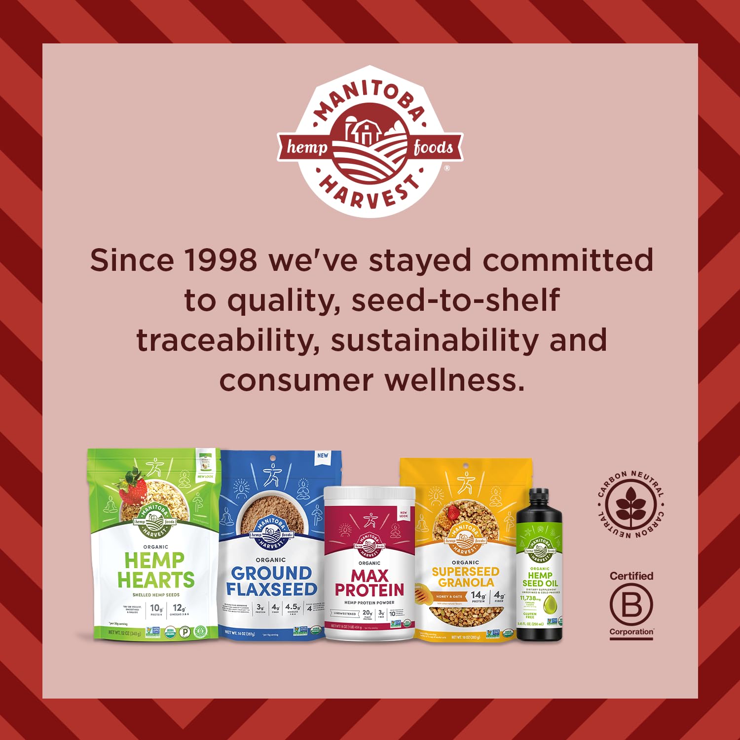Manitoba Harvest etiqueta con certificaciones orgánicas y Non‑GMO visibles