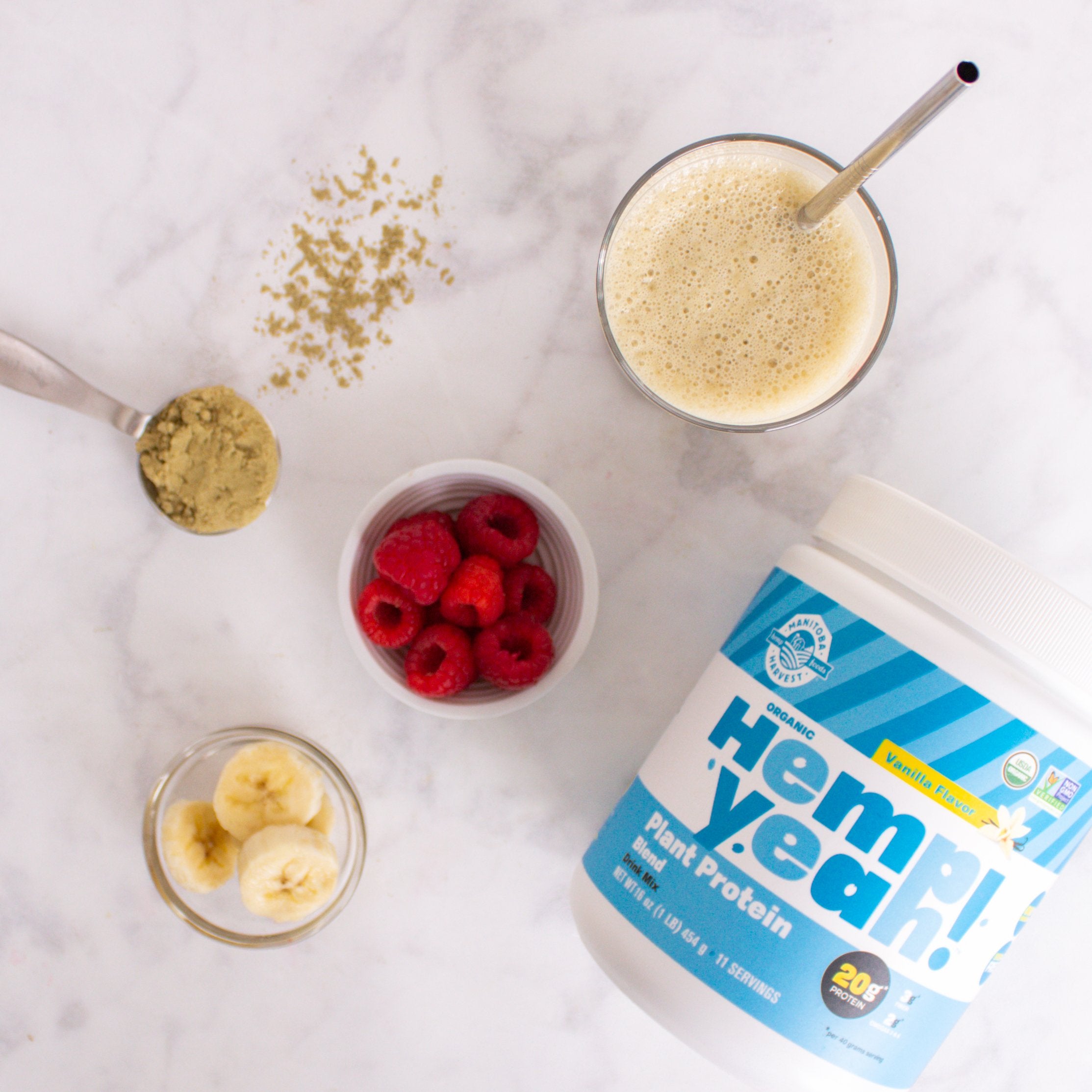Manitoba Harvest etiqueta nutricional clara, resalta 20 g de proteína por porción