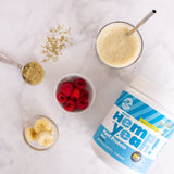 Manitoba Harvest etiqueta nutricional clara, resalta 20 g de proteína por porción