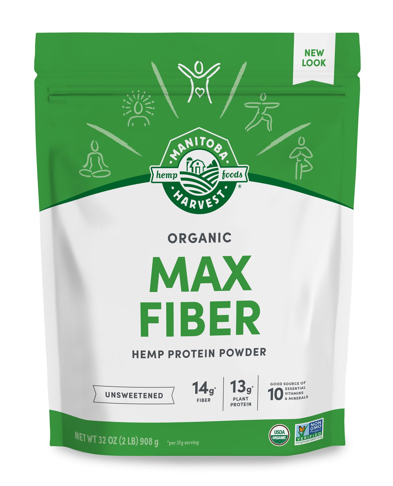 Manitoba Harvest frente del envase mostrando etiqueta y beneficios