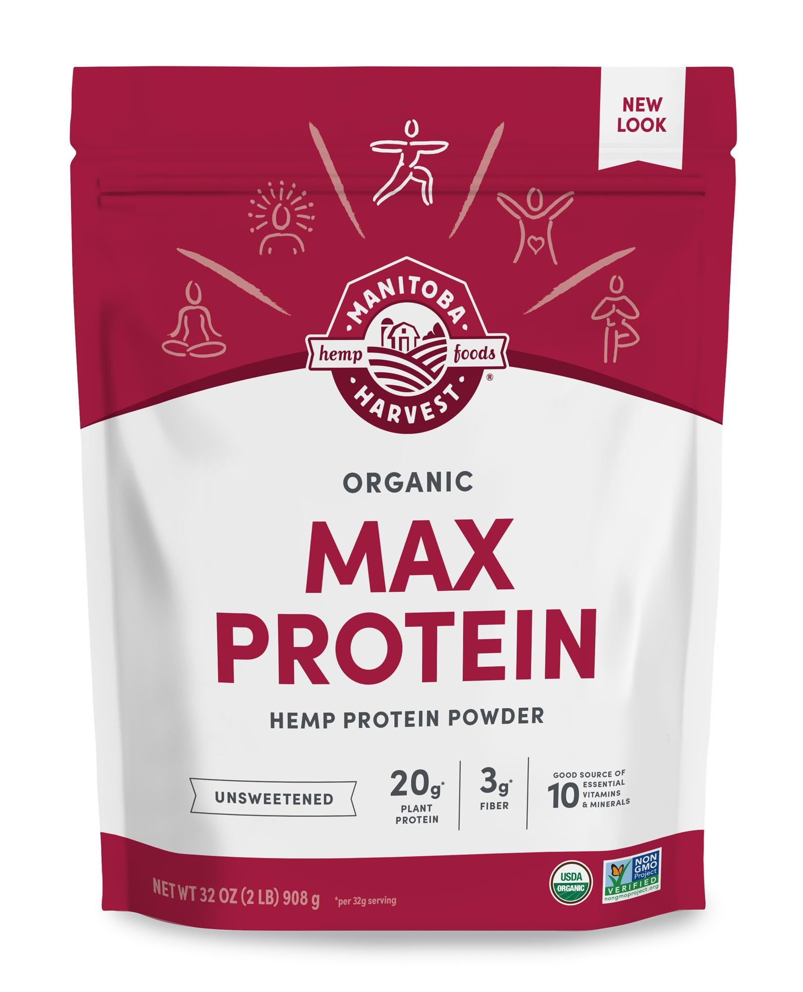Manitoba Harvest envase frontal mostrando proteína de cáñamo, práctico y puro