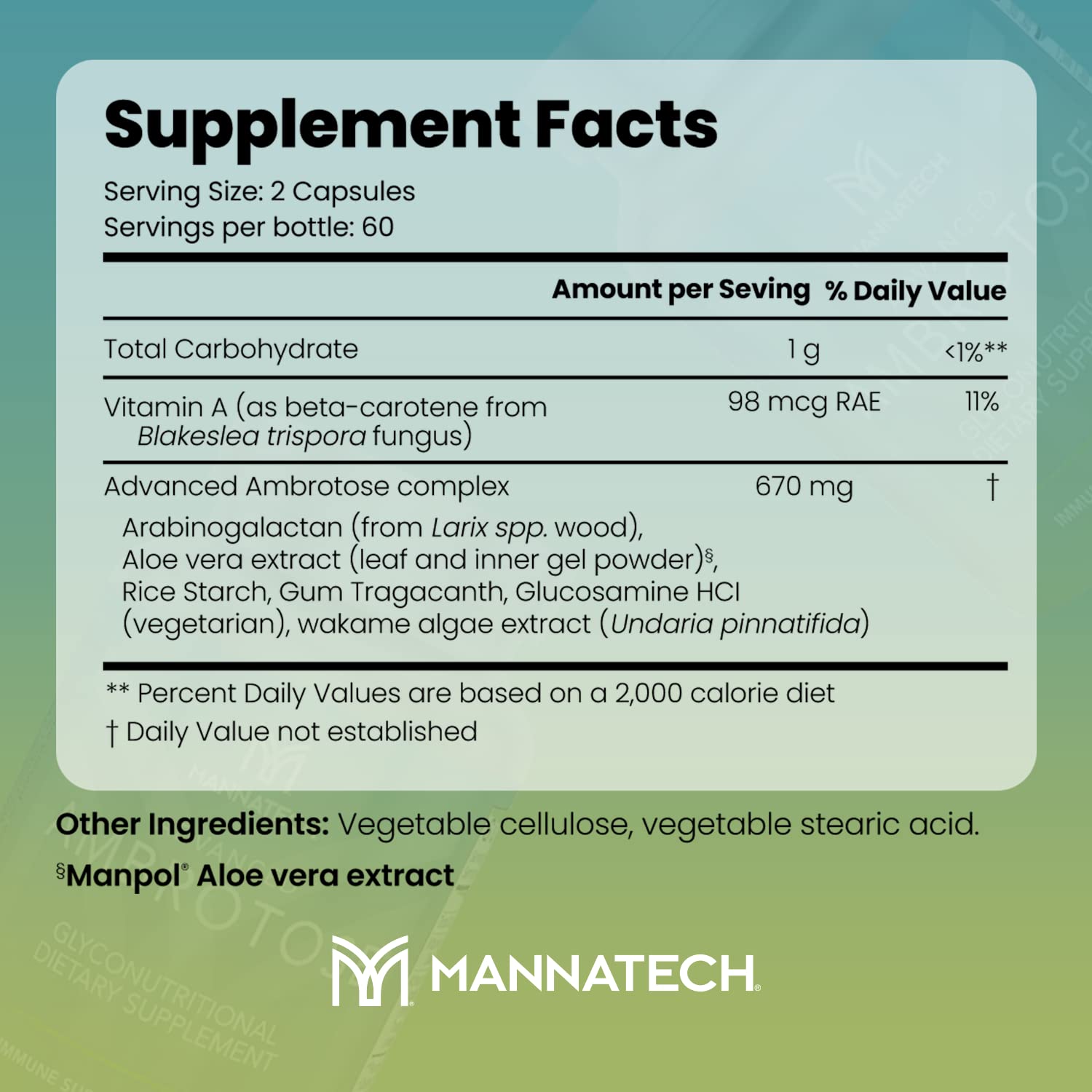 Mannatech Advanced Ambrotose etiqueta en detalle mostrando ingredientes clave