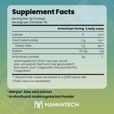 Mannatech Ambrotose textura en polvo en primer plano, evidencia de solubilidad y mezcla fácil