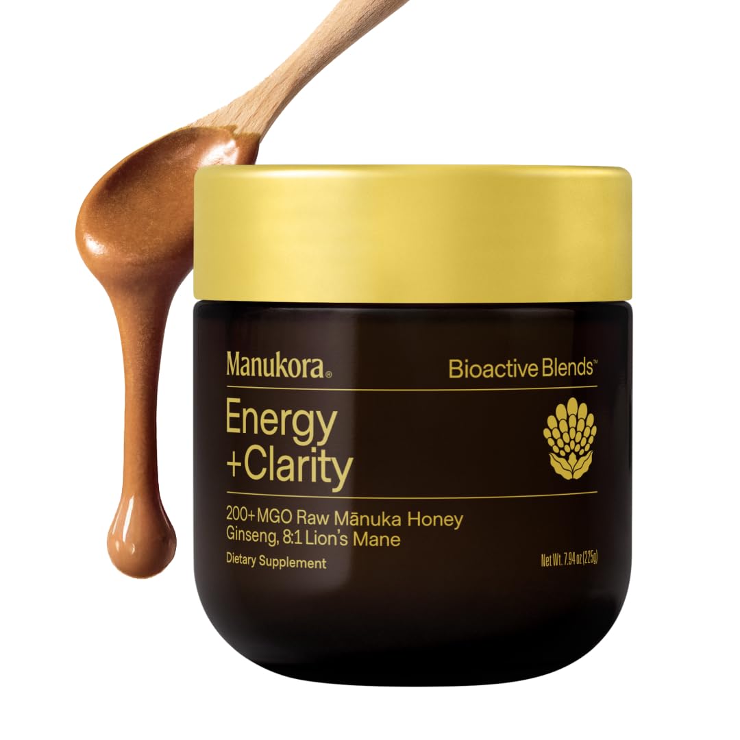 Manukora envase frontal Energy + Clarity mostrando diseño y tamaño, apoyo práctico