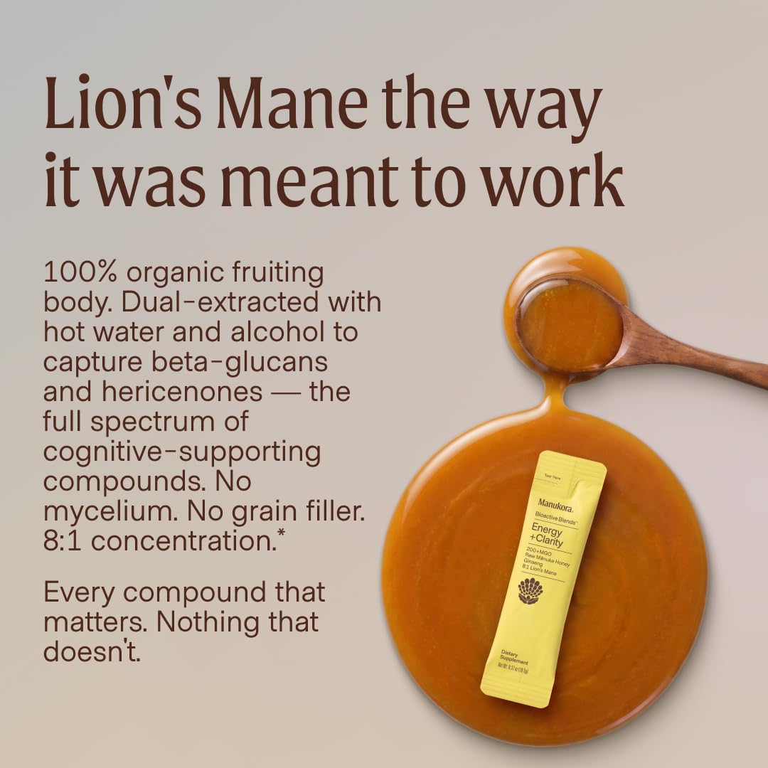 Manukora ingredientes ginseng y lion's mane juntos indicando potencia botanica