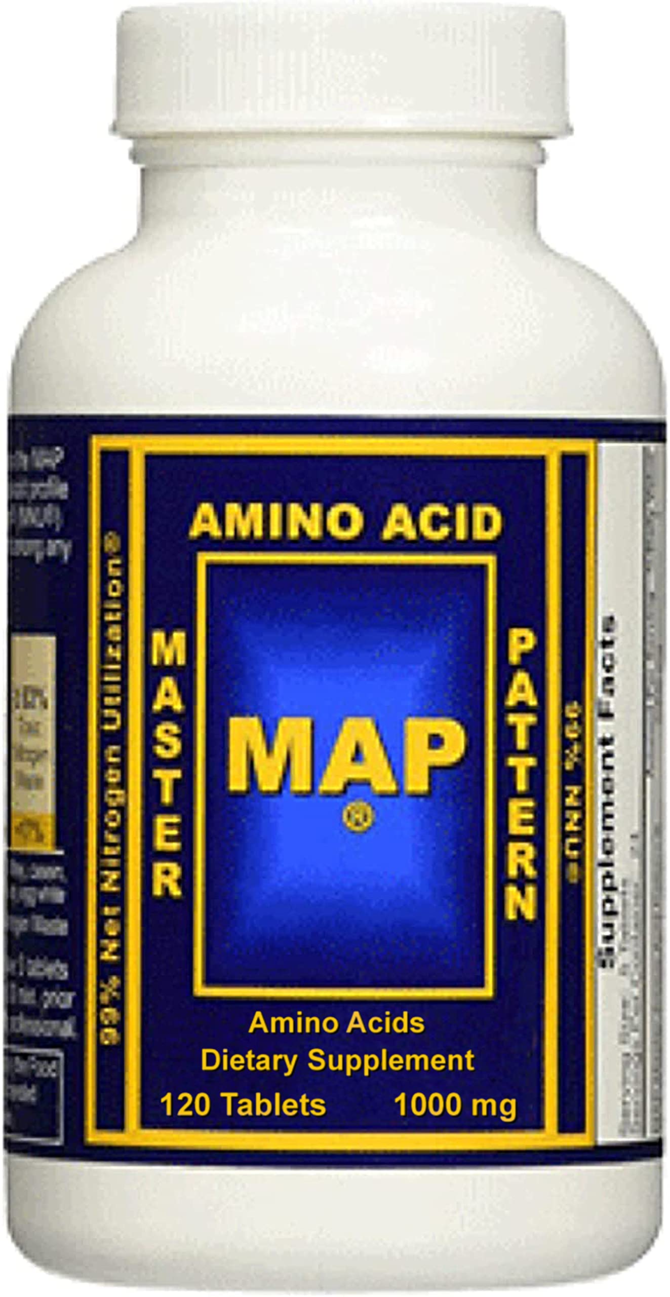 MAP Master Amino Acid Pattern frontal del envase mostrando tabletas y etiqueta clara