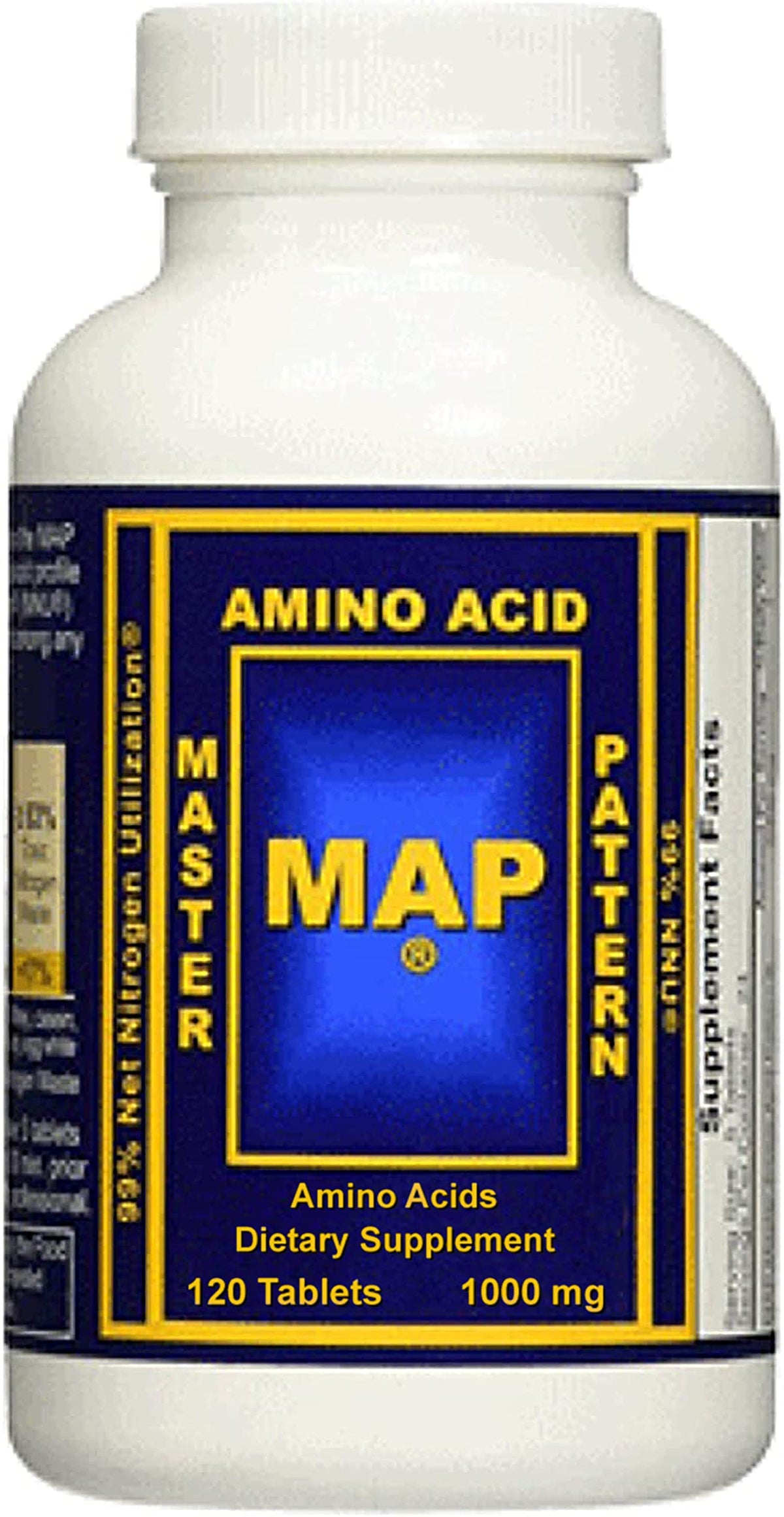 MAP Master Amino Acid Pattern frontal del envase mostrando tabletas y etiqueta clara
