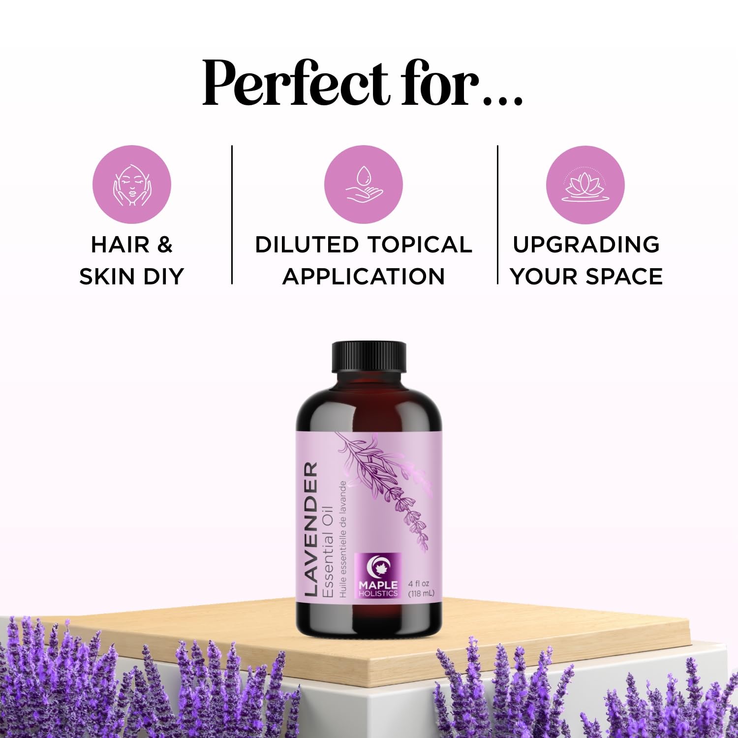 Maple Holistics gota de aceite de lavanda en primer plano, textura pura y clara