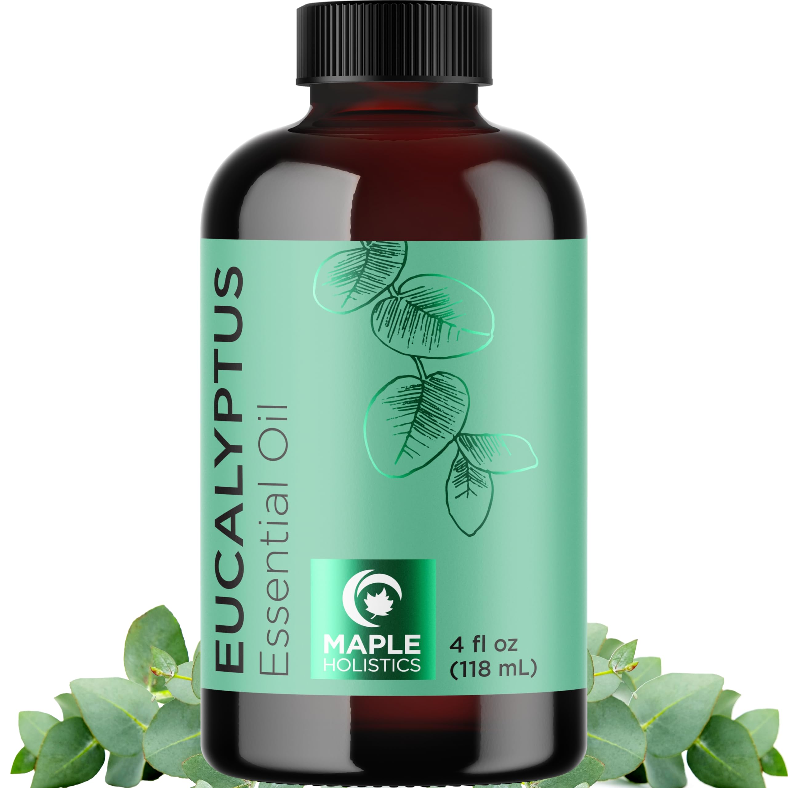 Maple Holistics frasco frontal mostrando eucalipto puro y presentación 4 oz