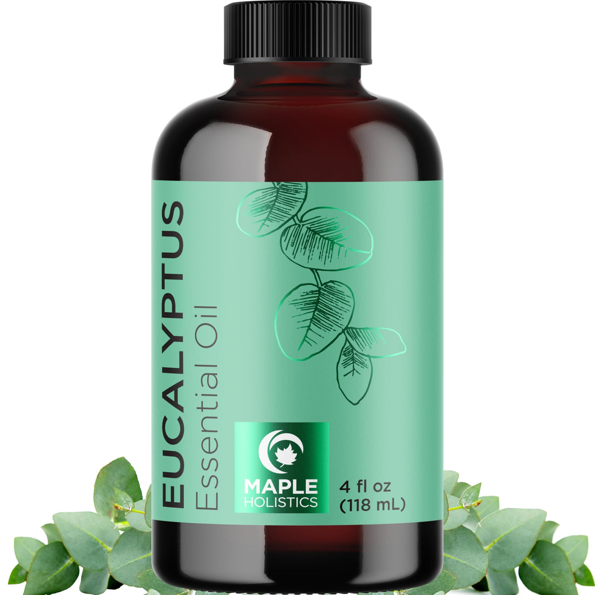 Maple Holistics frasco frontal mostrando eucalipto puro y presentación 4 oz