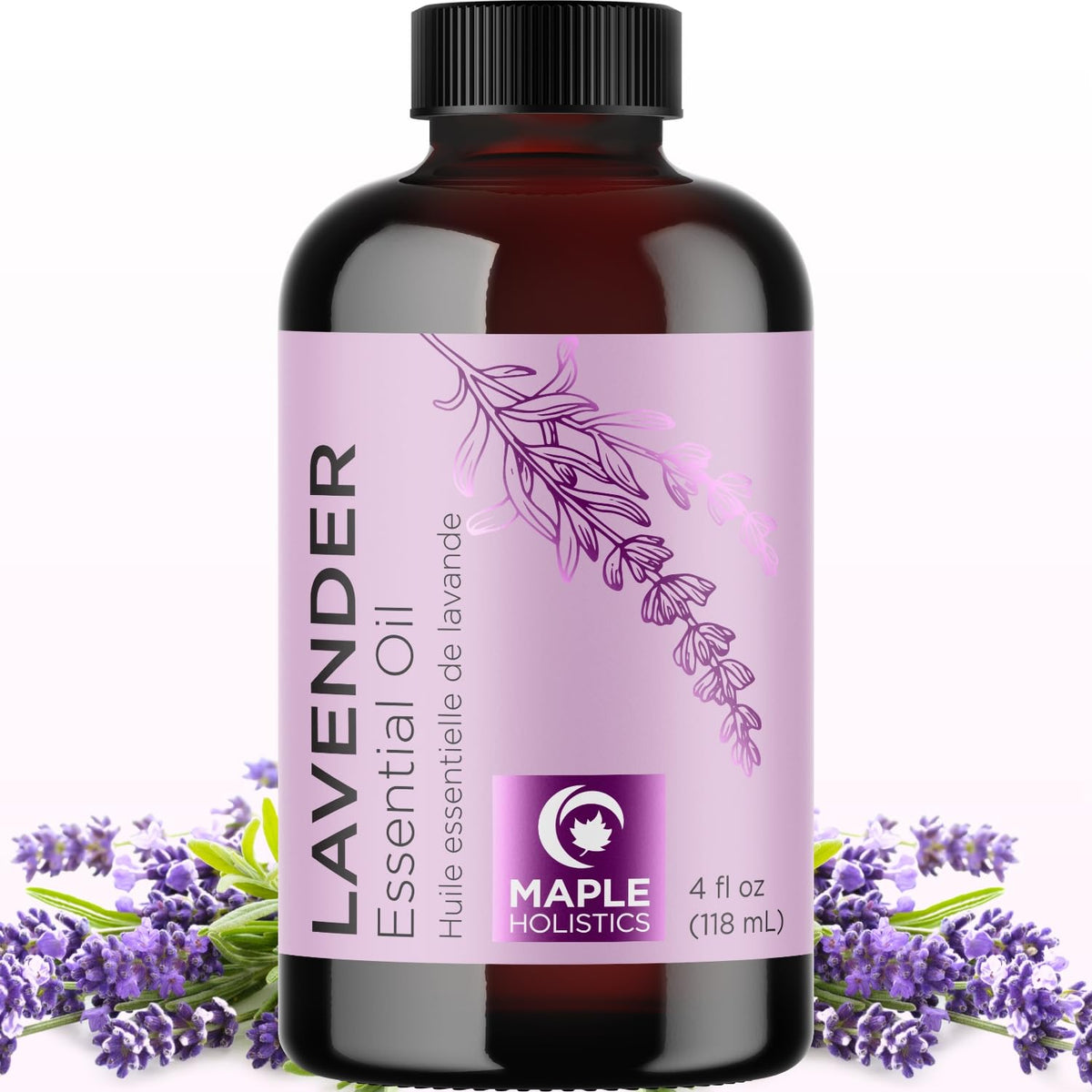 Maple Holistics botella frontal de lavanda mostrando presentación y vidrio protector