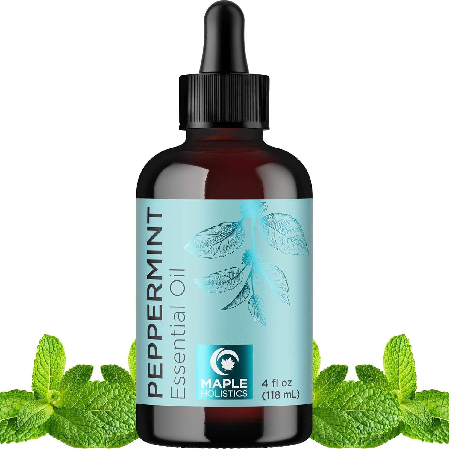 Maple Holistics envase frontal de aceite de menta mostrando presentación y beneficio aromático