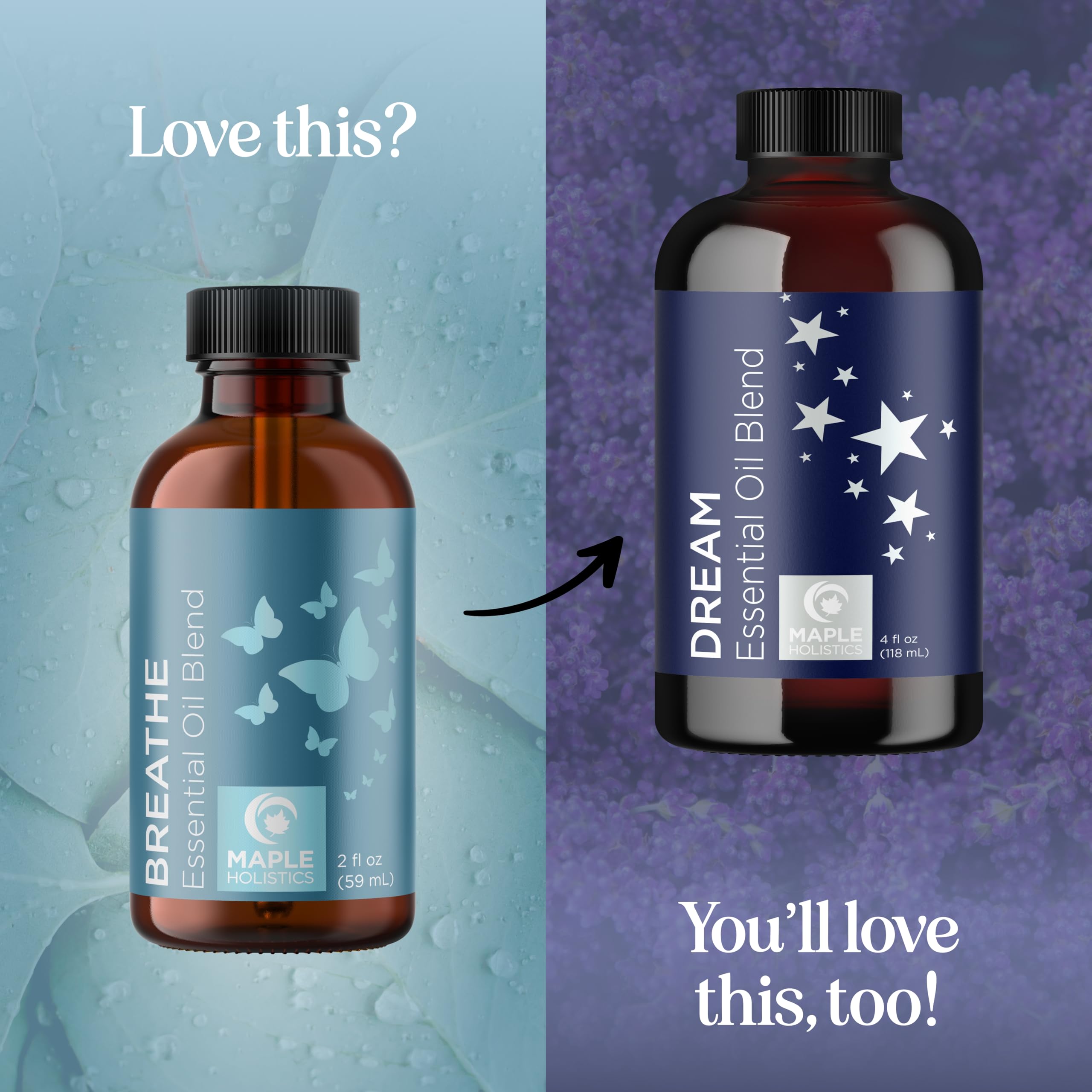 hojas de eucalipto junto a botella Maple Holistics evocando frescura