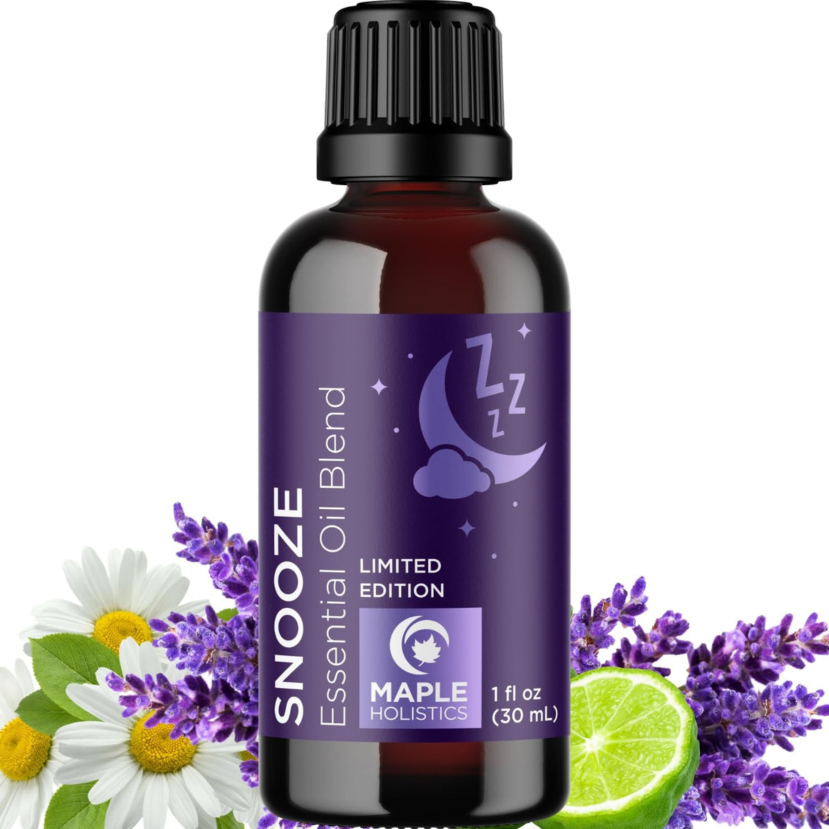 Maple Holistics Snooze botella frontal mostrando diseño y uso en difusor