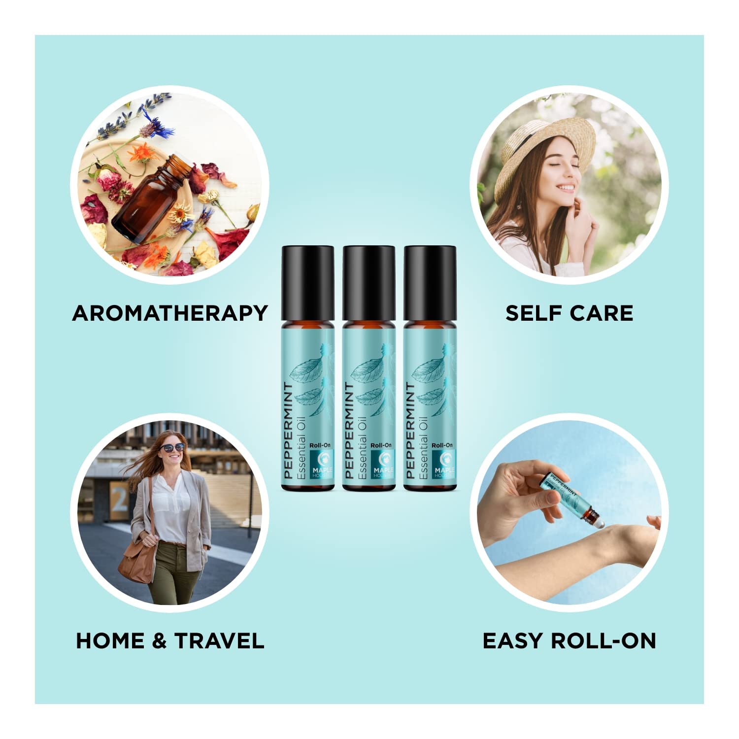 Maple Holistics roll-on junto a objetos cotidianos para ver su tamaño