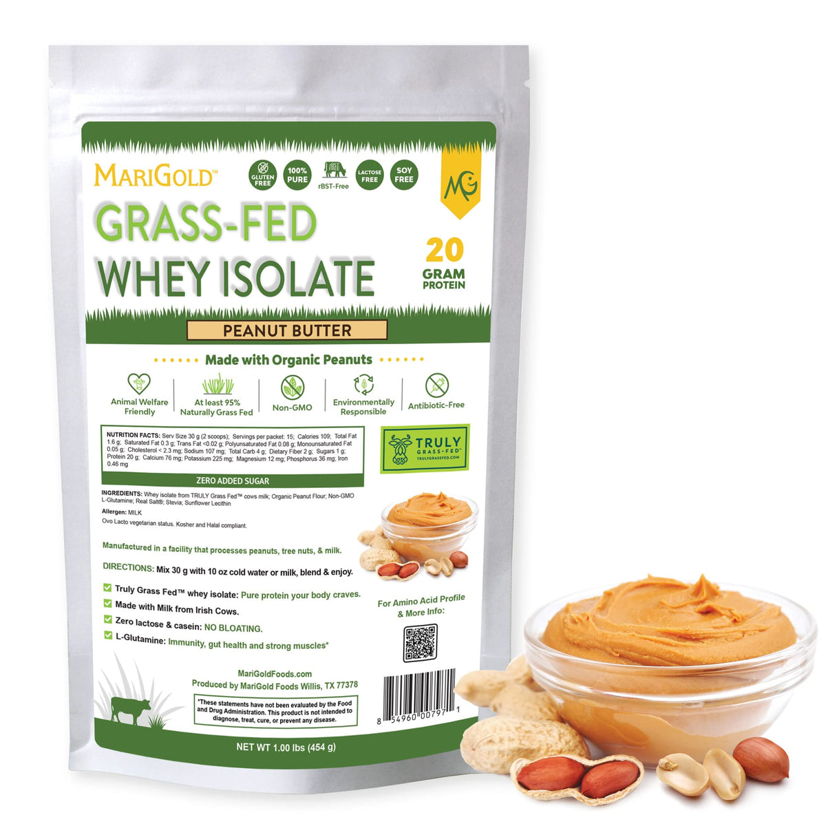 MariGold paquete frontal mostrando sello grass-fed y sabor Peanut Butter