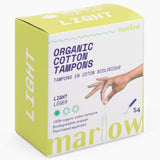 Marlow imagen frontal del envase mostrando 54 tampones y su beneficio ecológico