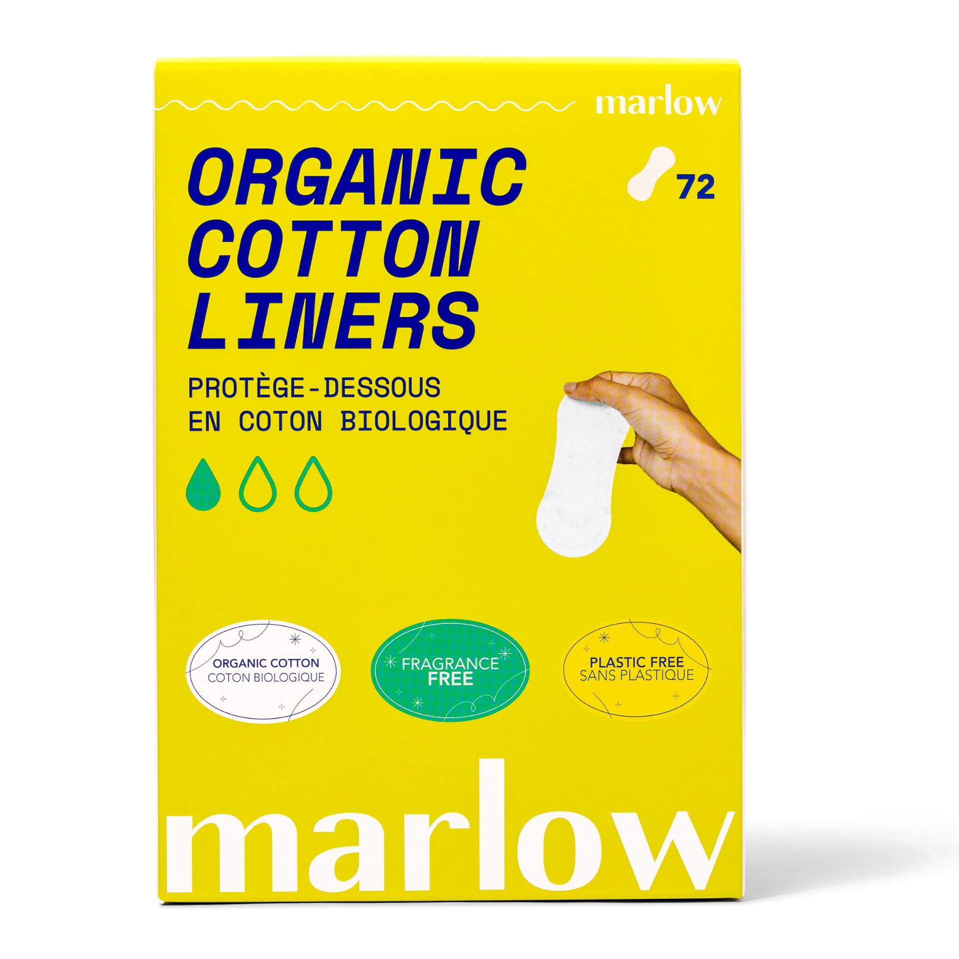 Marlow empaque frontal mostrando 72 unidades y beneficio de diseño ecológico