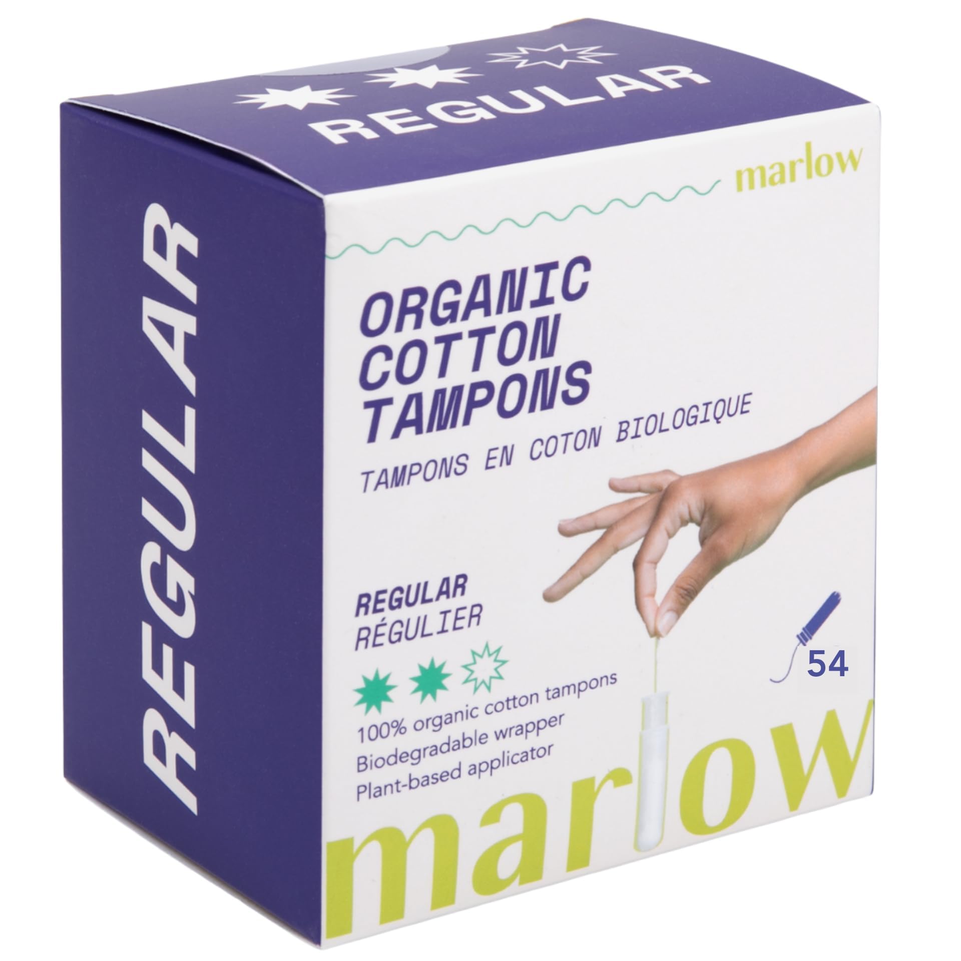 MARLOW paquete frontal mostrando 54 tampones, práctico y discreto