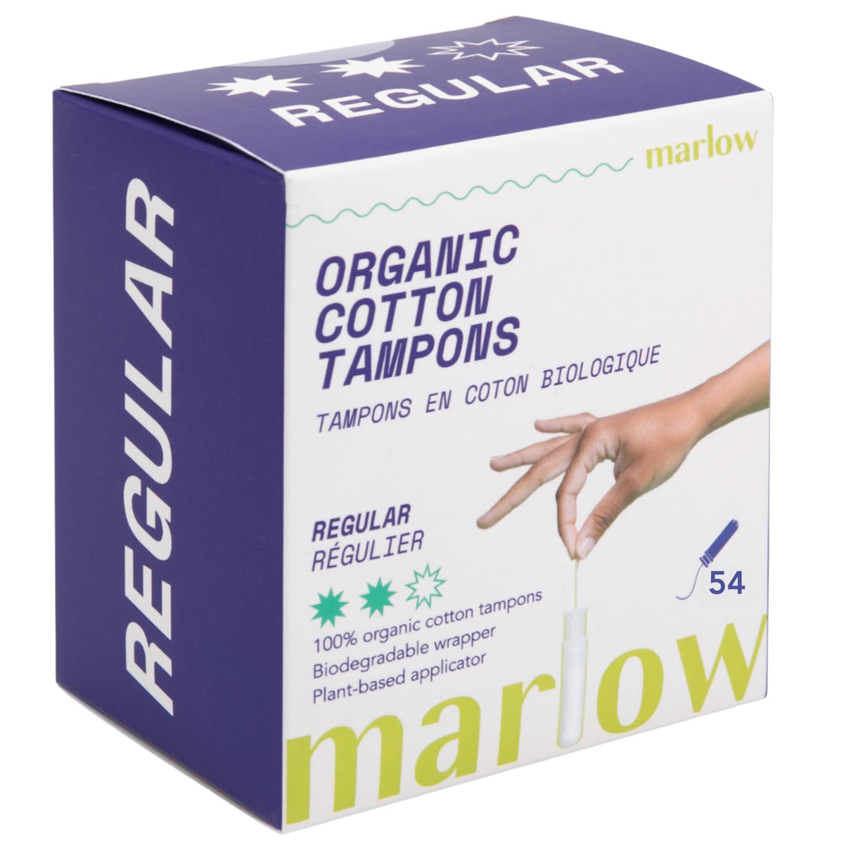 MARLOW paquete frontal mostrando 54 tampones, práctico y discreto